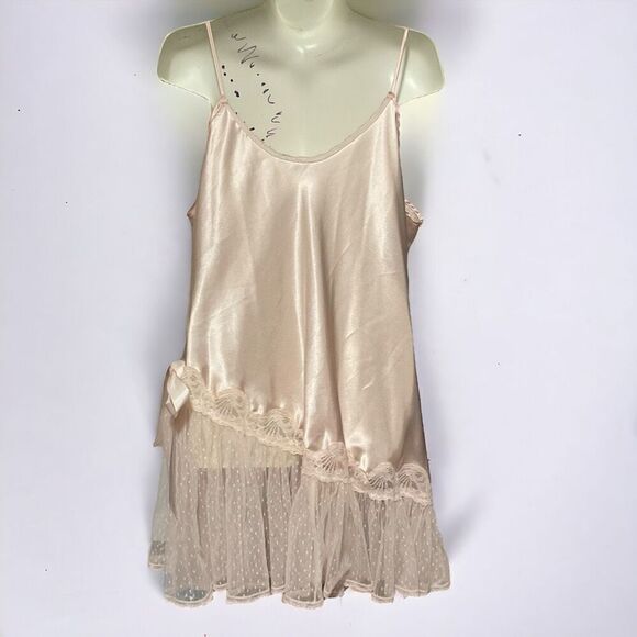 Vtg Keyloun Satin semi-sheer Mesh Lace Trim Chemise Slip Dress Peach Pink Size L - Picture 9 of 12